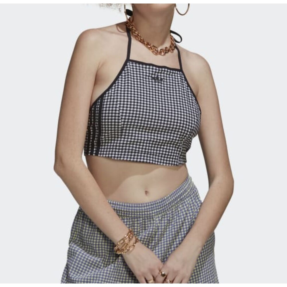 Adidas Women's Gingham Cropped Tie Neck / Back Tank Top  sz L Black White